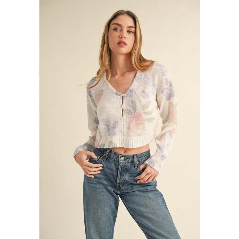 Mable Ember Floral Print Cardigan Pink Multi V-Neck Cropped Lightweight Wool S